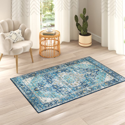 Tapis bleu sarcelle et ivoire lavable tissé à la machine