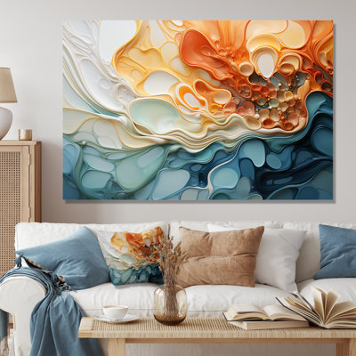 Encre bleue et orange, encre liquide, art mural abstrait à l'encre liquide
