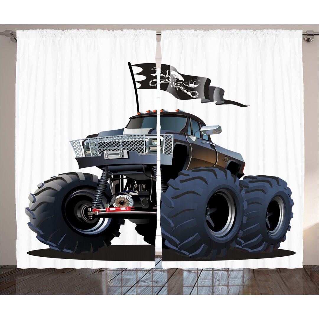 Rustikaler Vorhang, Monster Truck-Pirat, Karikatur, Kadett Blau Weiß