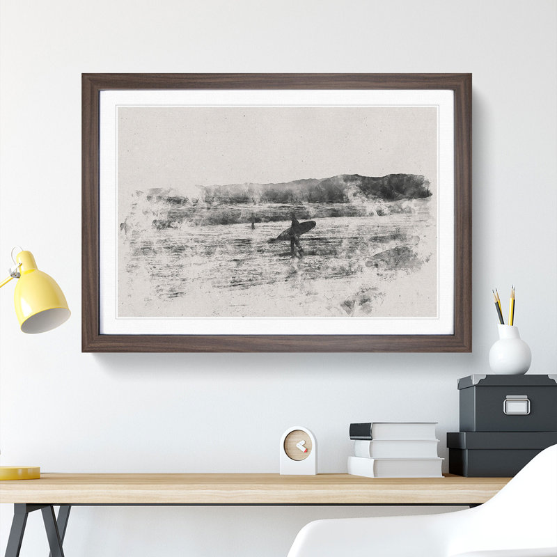 Two Surfers - Picture Frame Graphic Art, Walnut, 65cm H x 90cm W x 2cm D
