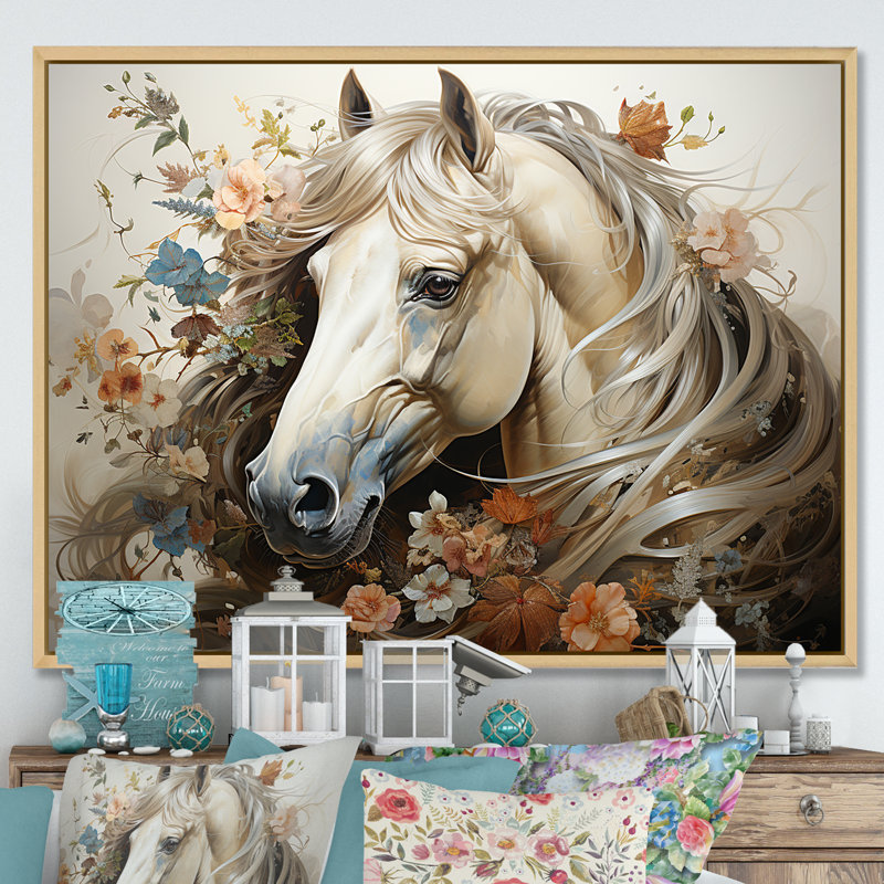 «Blooming Horse symbolism I» - art mural cheval, H 34 po x l 44 po x P 1,5 po, Cadre naturel flottant