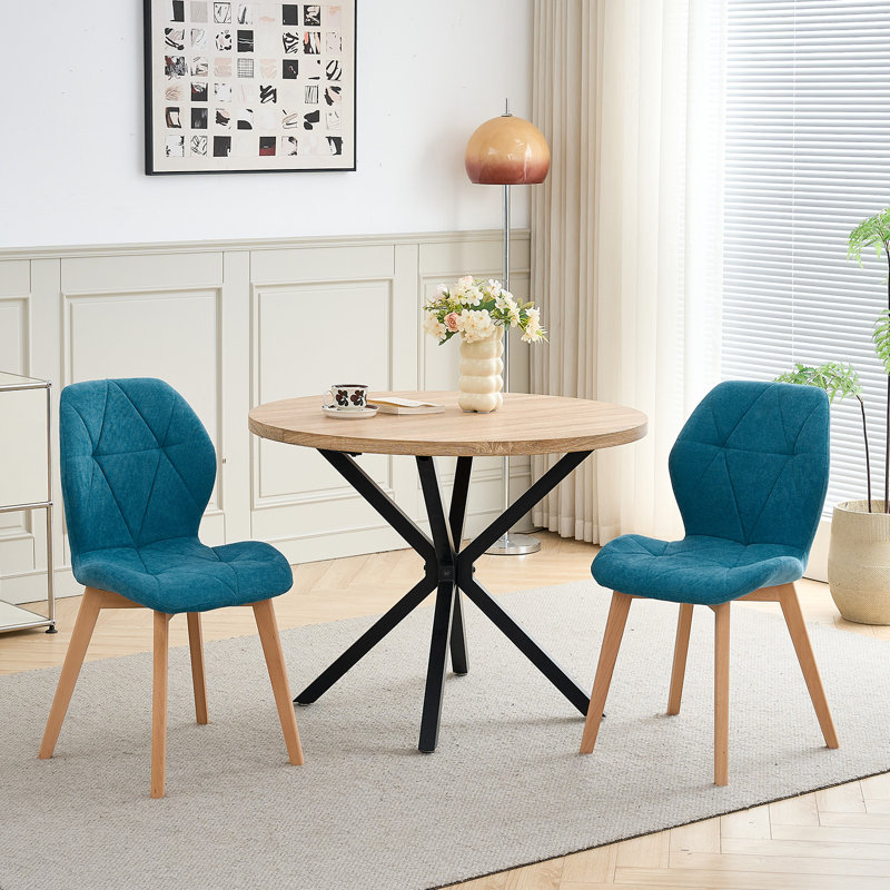 Modern Fabric Dining Chairs with Wooden Legs, Diamond Quilted Padded Side Chairs, Dark blue, 2, Dark blue