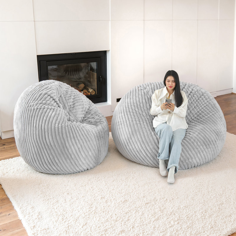 Oversized Compression Large Round 5 Foot Giant Foam Filled Faux Rabbit Fur Gray Bean Bag Sofa with Soft Removeable Cover (Set of 2)