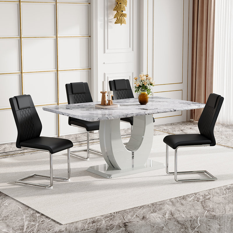  63'' Wooden Dining Table Set, Rectangle Gray Dining Table Set for 4/6 with Leather Chairs, Black, 5