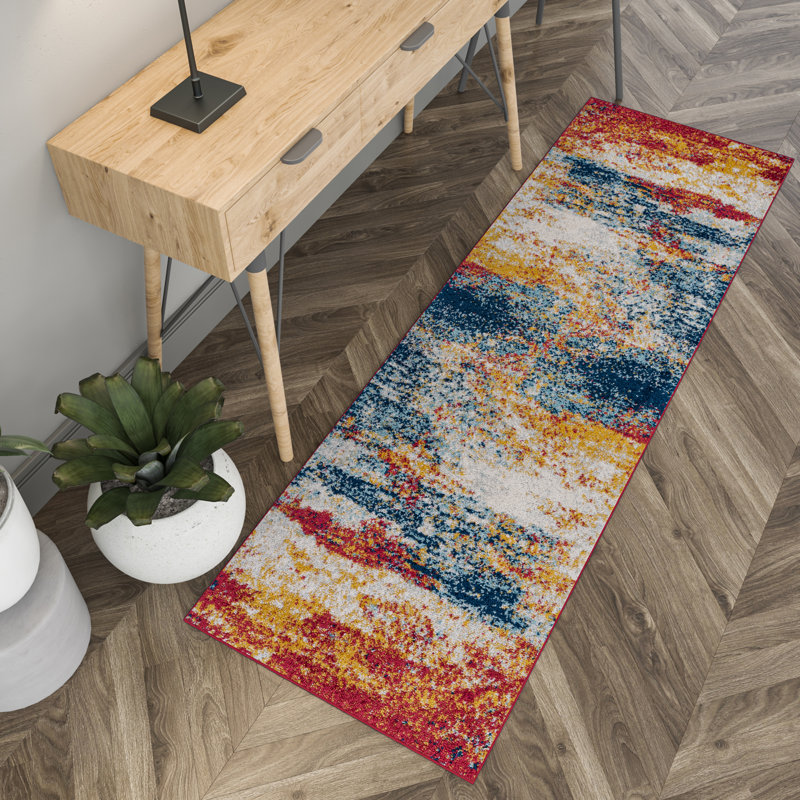 Abstract Red/Blue/Gold Colourful Indoor Area Rug, Runner 2'3" x 7'3"