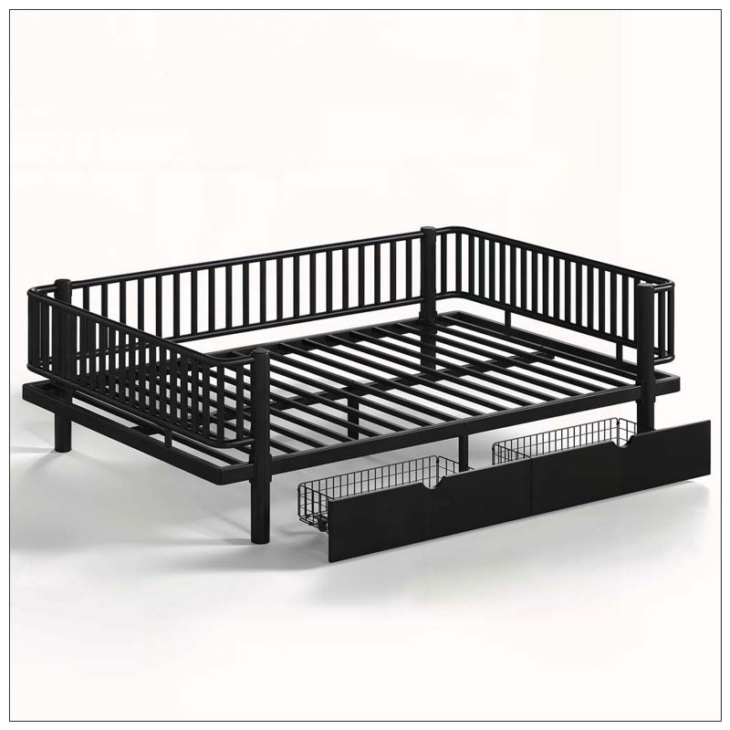 Platform Bed with Storage Drawers, Grand lit, Noir