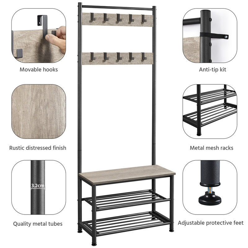 72.5 cm W Hall Tree with Storage Bench and Shoe Storage, Black/Grey