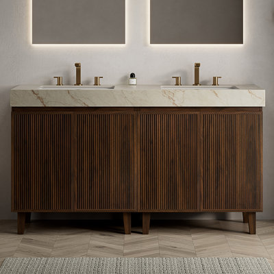 LULA 60" Bathroom Vanity&Sink,Freestanding Cabinet,Cream Gold Vein Sintered Stone Top&Ceramic Basins with 3 Pre-drilled Faucet Holes,Disassembled,NO Faucet and Drain Set, Walnut Woodgrain Color