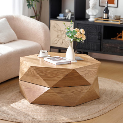Naturel - Table basse à couvercle rabattable de 36,29 po de couleur, rangement caché, sans assemblage, idéal pour la présentation Ambiance de salon rétro en placage de bois massif naturel