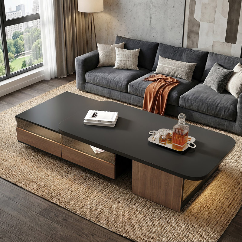 Table basse extensible de 69 pouces avec plusieurs tiroirs de rangement, lumières à capteur, portes en verre et armoires de rangement latérales