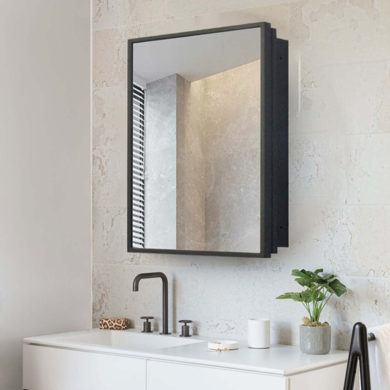 Solution de rangement polyvalente pour salle de bain avec options murales et encastrées, matériau en poudre de fer noir et stratifié amovible.