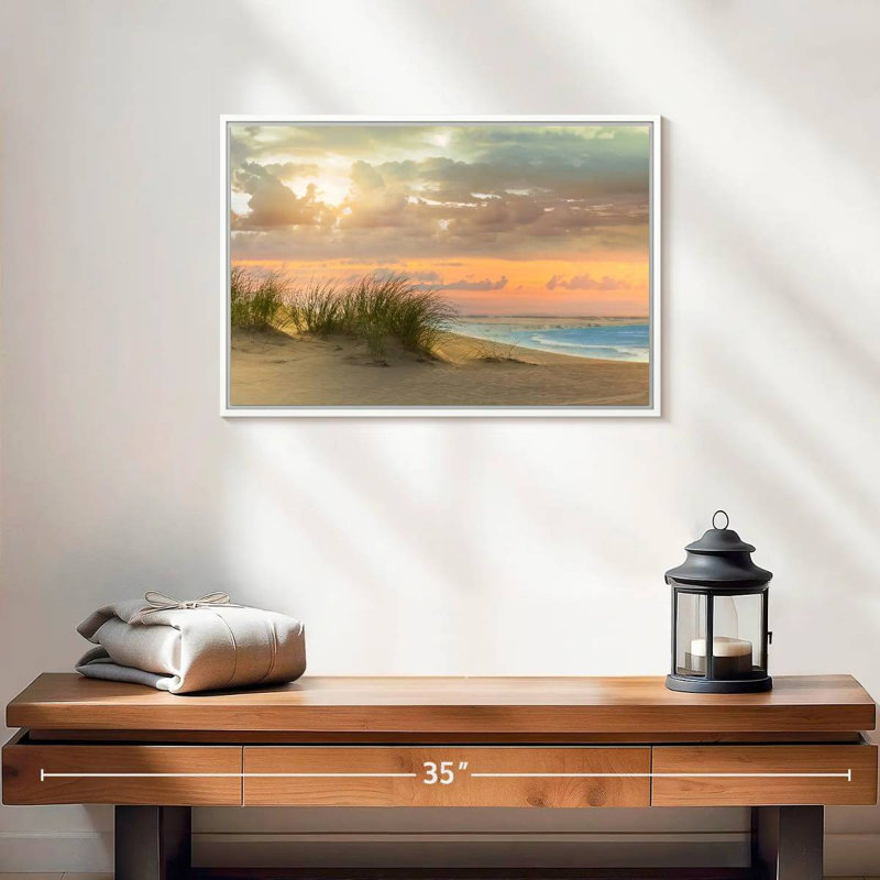 Herbe de mer et crépuscule, 19 po x 13 po, Cadre flottant blanc