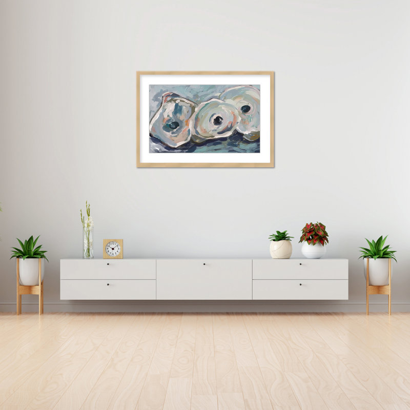 Coastal Retreat Pearlescent Elegance: Oyster Abstract, 16" H x 24" W x 1.125" D, Framed Matted Print, Beige