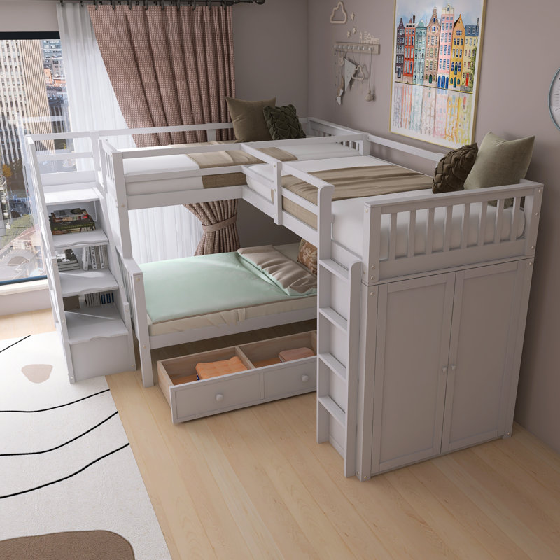 Lit superposé simple en L 118 po avec 3 tiroirs, bureau portable et garde-robe en bois massif 118 po, Blanc