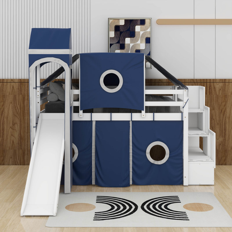 Lit mezzanine double avec tour et tente, Bleu