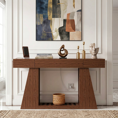 Console étroite de 60 pouces avec prise de courant intégrée, canapé de style campagnard derrière le canapé, table de vestibule avec compartiment de rangement latéral et tablette inférieure à lattes,
