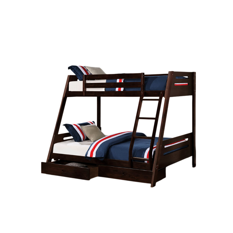 Transitional Twin Over Full Bunk Bed In Hue, Solid Wood Constitution, Reversible Angled , Underbed Drawers, Slat Design, Rails, Joint, Easy Assembly Operation Style, Full, Upper Insert & Lock,