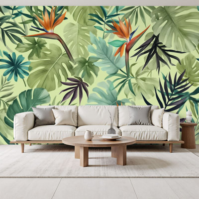 Peel and Stick Wallpaper Tropical Leaves Bird Paradise Flowers Seamless Green Orange Watercolor Wall Murals 69"H x 96"W Removable PVC Wall Paper Self-Adhesive Wall Paintings Art Decor for Bedroom Living Room