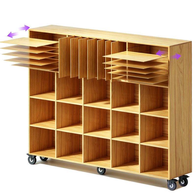 Armoire de rangement mobile de 57 pouces de large pour salle de classe, avec séparateurs amovibles et miroir latéral
