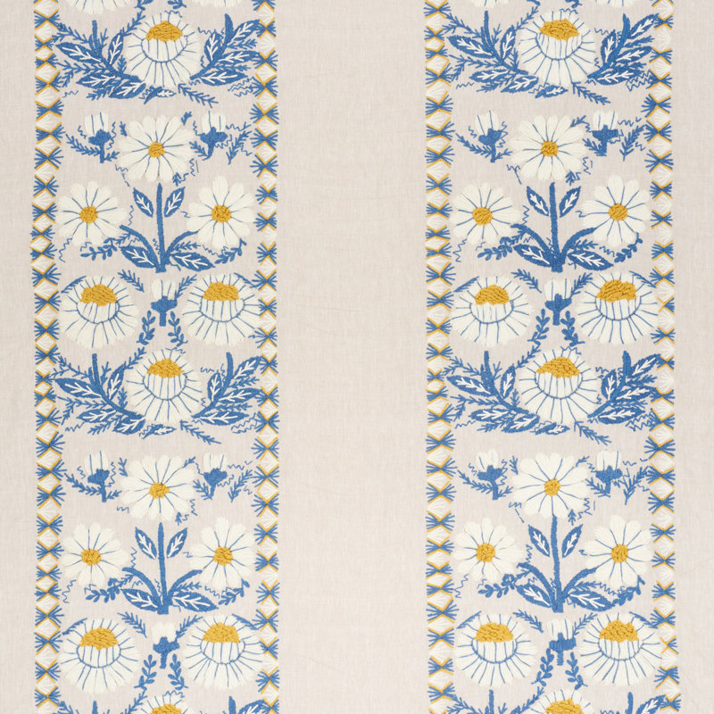 Tissu de broderie Marguerite, Bleu, ocre