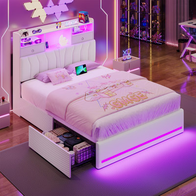 Full Bed Frame with RGB Lights and Charging Station, Full Size Gaming Beds with Storage Headboard and 2 Large Storage Drawers, Esports-Style Upholstered Platform Bed Frame, No Box Spring Needed, White