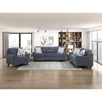 Ensemble de canapé-lit contemporain contemporain bleu 3 pièces avec causeuse en chenille durable et coussins décoratifs en bois