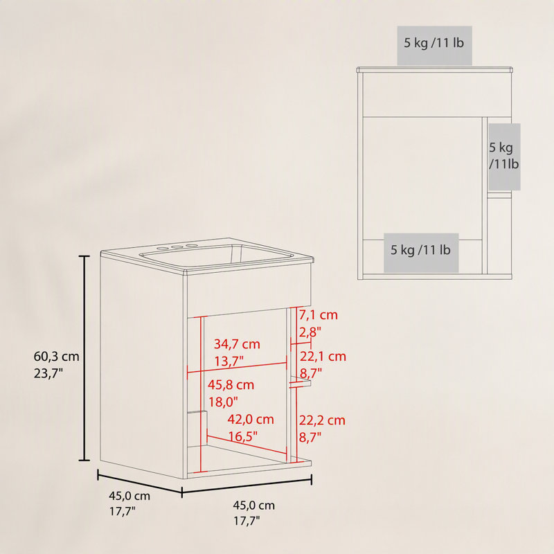Meuble-lavabo compact à 2 tablettes en chêne blanc avec porte simple, White Oak