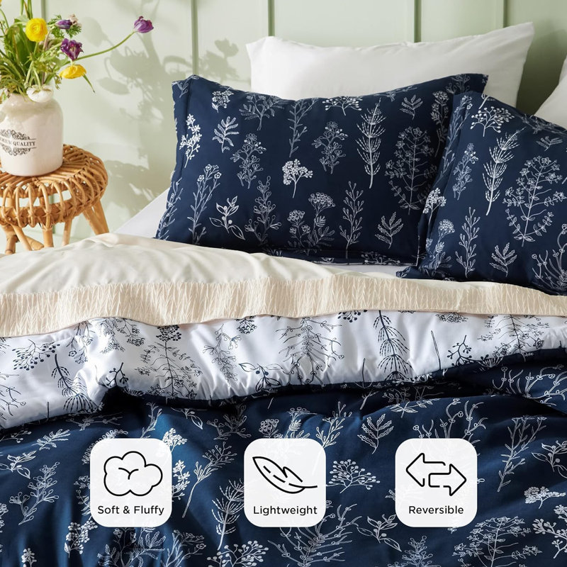 Ensemble d'édredon réversible à motif floral Best vendeur, 89 g / m², Marine, Lit simple