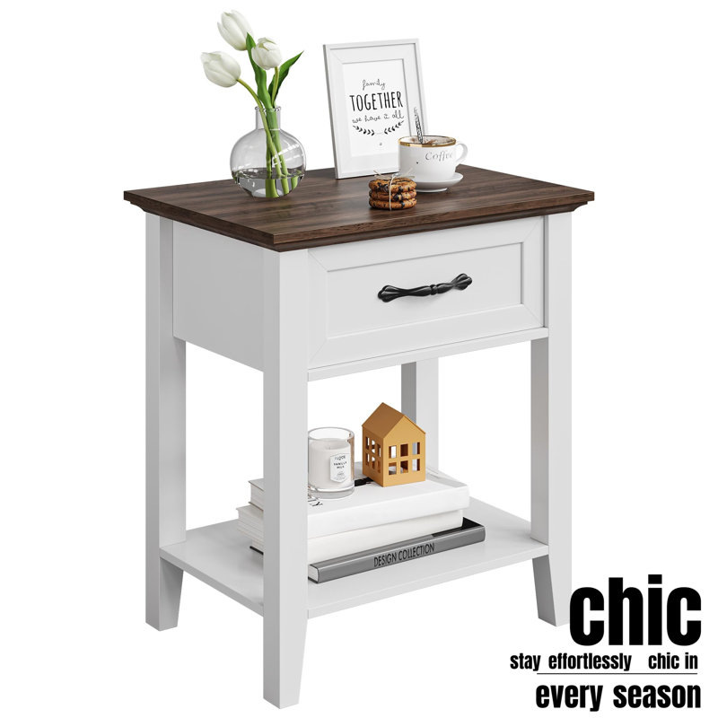 Table de chevet avec tiroir, table de bout / table de chevet avec tablette ouverte pour la chambre à coucher, Blanc/noyer