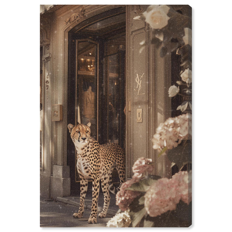 Cheetah at the Store Beige Canvas Wall Art, 15" x 10"