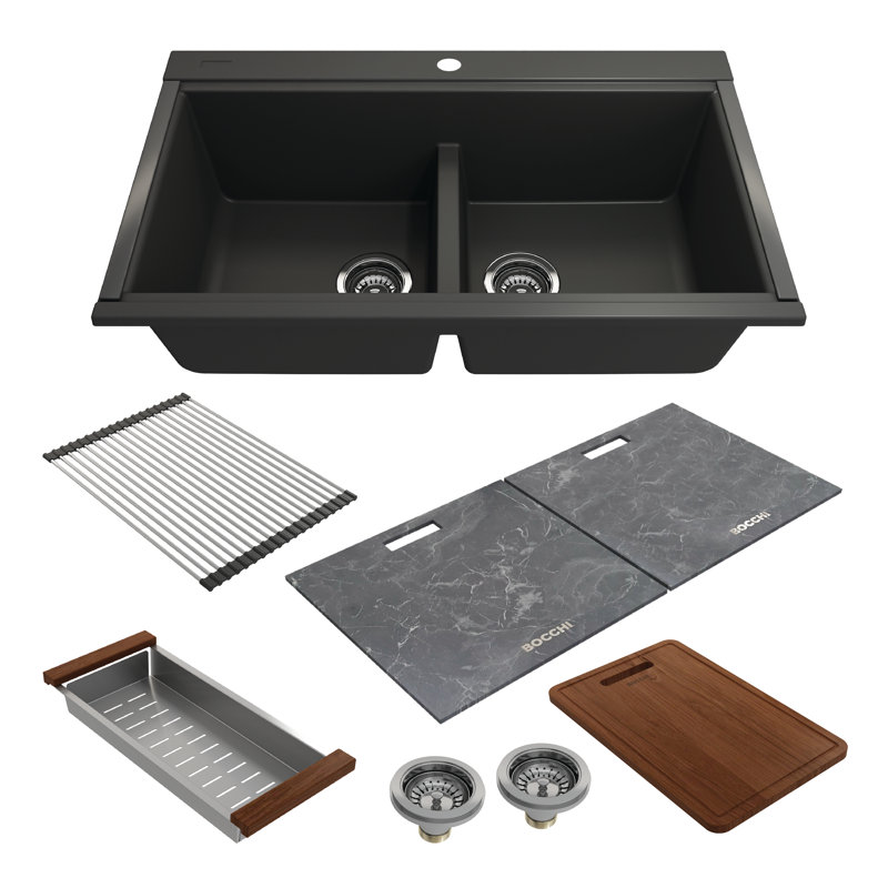 Baveno Lux 33'' L Double Basin Kitchen Sink, Matte Black