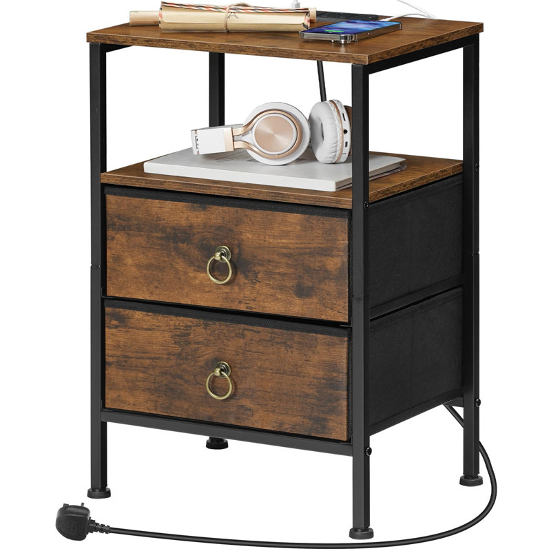 Side Table With Charging Station, Bedside Table With 2 USB Ports And Outlet, End Table With 2 Fabric Drawers, Sofa Side Table, Nightstand For Small Spaces
