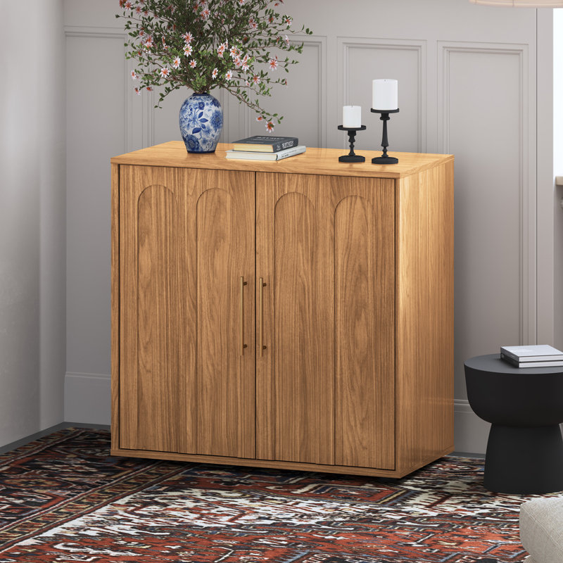 Arched Accent Cabinet Gold Handle Adjustable Shelf Magnetic Closure Storage Cabinet for Entryway Living Room, Natural