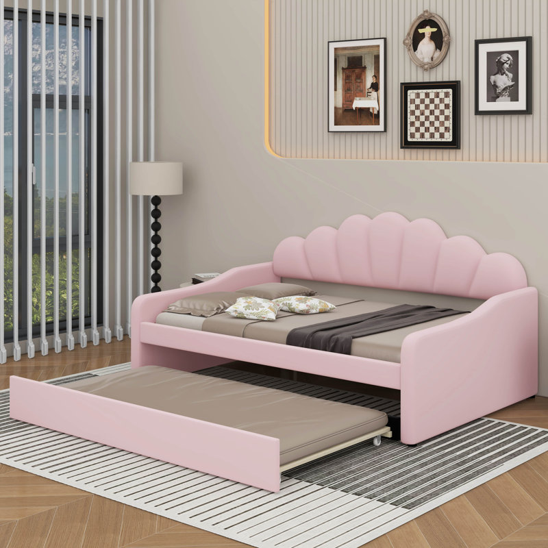 Full Size Upholstery Daybed Frame With Backrest And Trundle, Pink