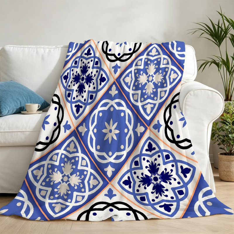 Jeté en flanelle bleue ultra douce, impression d'un seul côté Arabesque, Throw 50" x 60"
