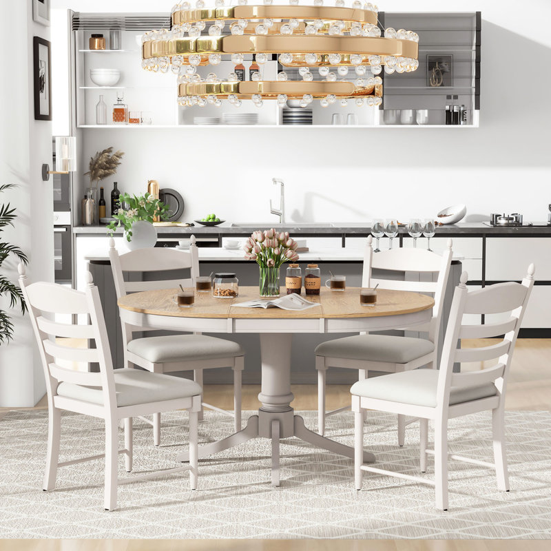 5 tables de salle à manger extensibles: 1 table ronde en bois rétro et 4 chaises rembourrées