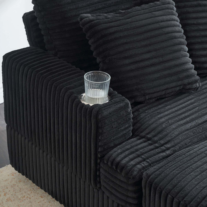 Comfortable Spring Armchair and Ottoman Set with Cup Holder and Corduroy, Black