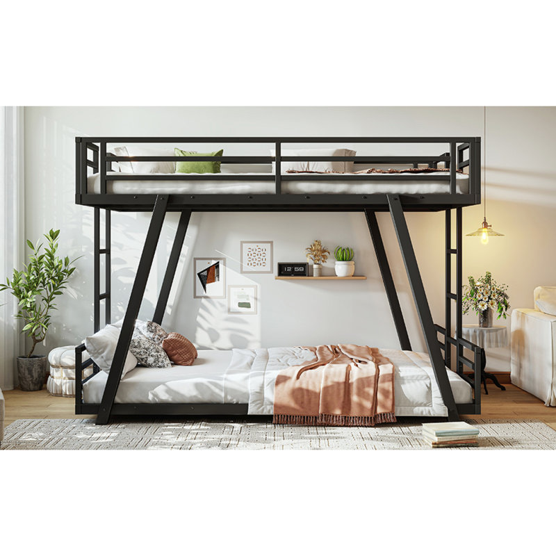 Lit superposé simple TG au-dessus de simple TG avec 2 échelles latérales, lit superposé en métal avec pieds de support spéciaux, lit superposé à profil bas, noir