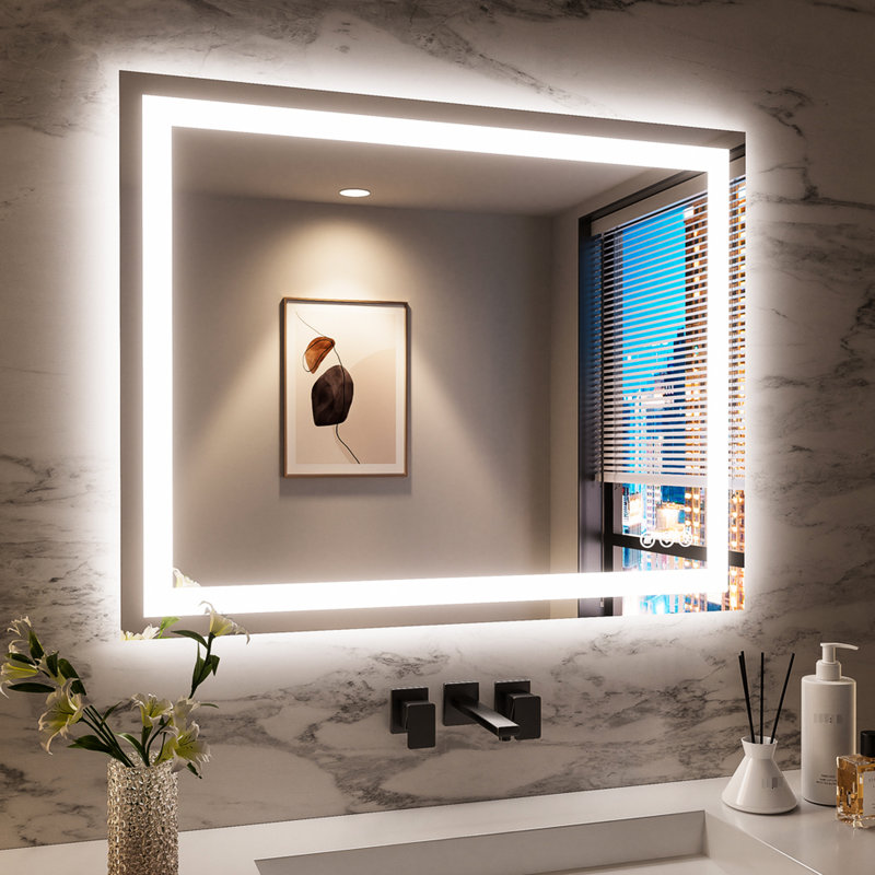 Miroir de salle de bain 48 x 32 pouces à DEL intelligent avec mode brouillard écoénergétique, compatibilité avec interrupteur mural et verre trempé de 5 mm pour un contrôle à intensité variable incassable à long terme, fonction, utilisation cuivre argenté,