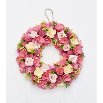 12" Pink Flower & Wood Curl Wreath