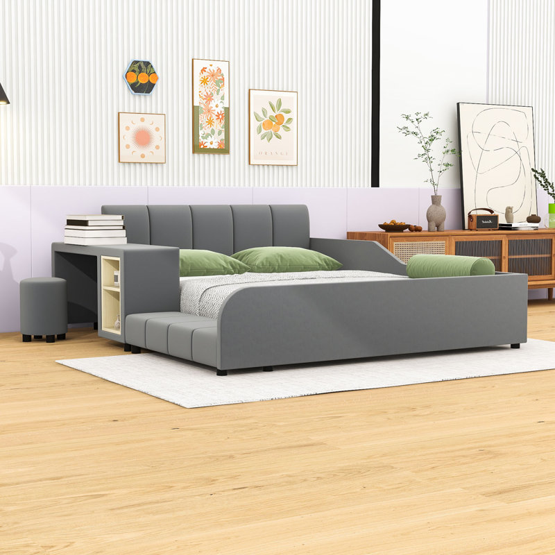 Stelijana Upholstered Grounded Bed with Bedside Desk and Little Round Stool, Full, Gray