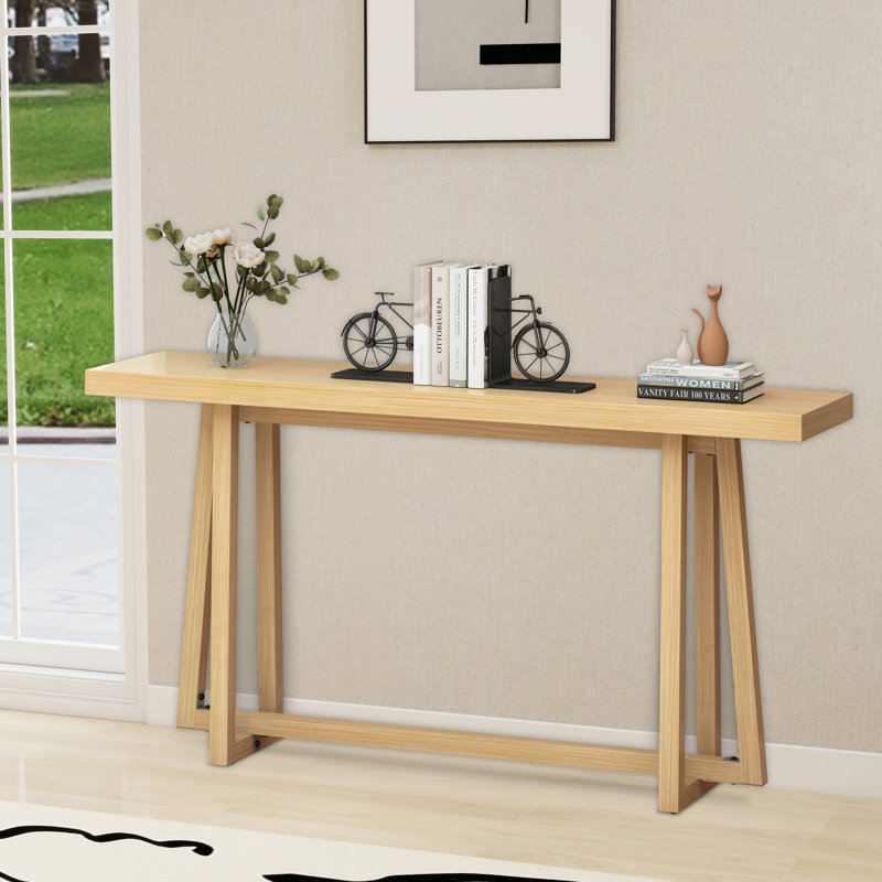59.82" W Indoor / Outdoor Rectangular Console Table With Magnesium Oxide Countertop And Metal Legs, Natural Wood