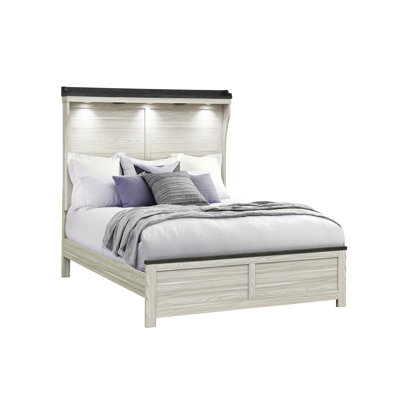 Très grand lit, brun, tête de lit à panneau, style discret, bois d'hévéa et bois massif +, cadre brun Haven pour chambre à coucher, bijou