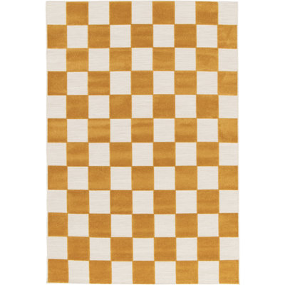 Philo Chequered Machine Woven Relief Indoor Outdoor Yellow Area Rug