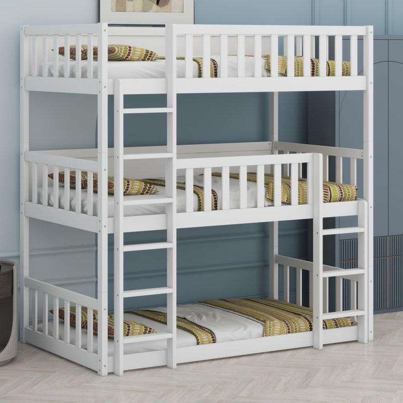 Triple Wood Bunk Bed, With Ladders, Guardrails Detachable Bunk Bed, White