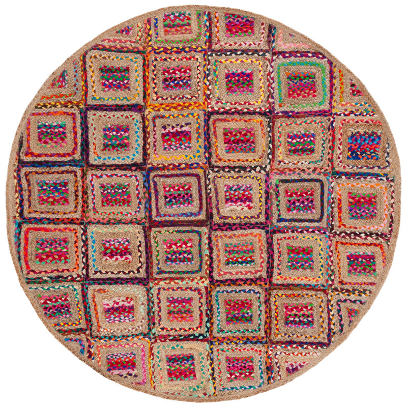 Tapis géométrique en jute / denim tissé à la main Adilynn, Rond 6 pi