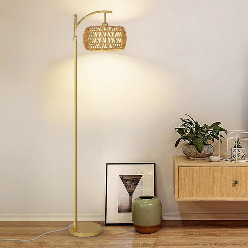 Lampadaire arqué à 3 températures de couleur, lampadaire DEL doré avec télécommande et ampoule à intensité variable, lampadaire bohème avec abat-jour en rotin et tissu, lampadaire haut de style ferme pour salon ou chambre