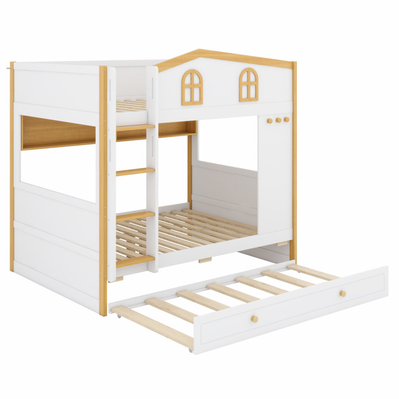 Lit superposé pour enfants avec garde-corps de style maison avec tablettes de rangement et lit gigogne, Double sur double