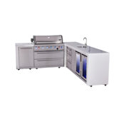 Mont Alpi Premium 6-burner 94"x113" L-shaped 805 Deluxe Stainless Steel Modular Outdoor Kitchen Island Bbq Grill + Side Burner + Beverage Center Refrigerator Faucet & Sink + Storage Drawers & Cabinets
