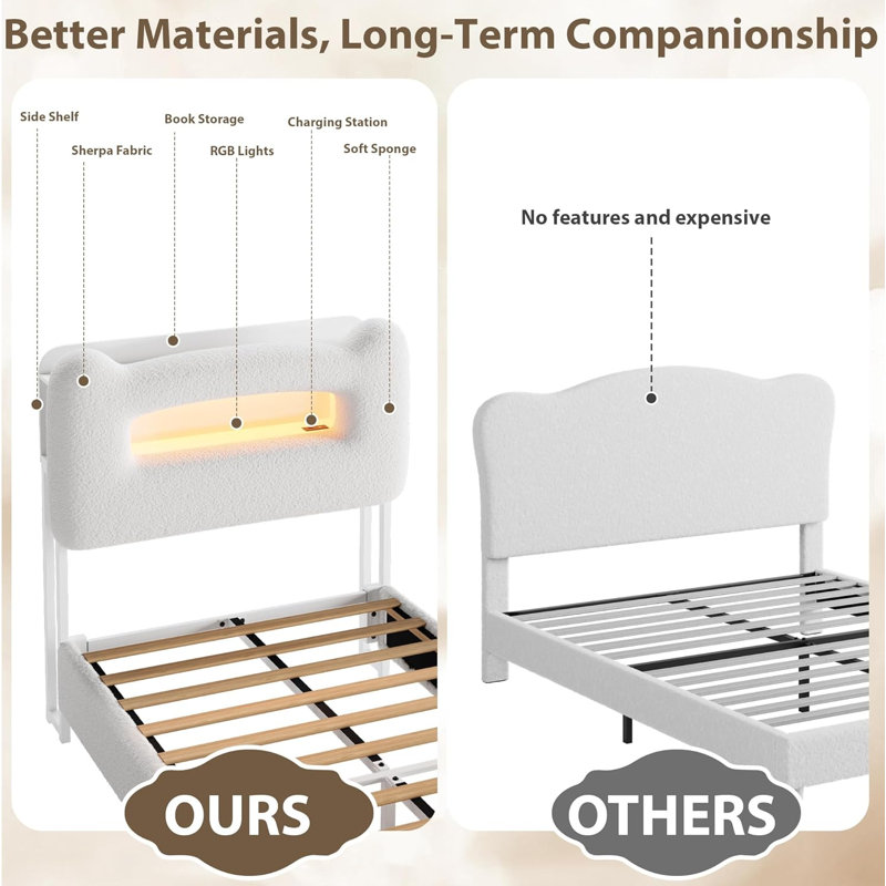 Twin Upholstered Bed Frame with LED Storage Headboard, Charging Station & Drawer, Metal Support, Pink, Beige, Twin
